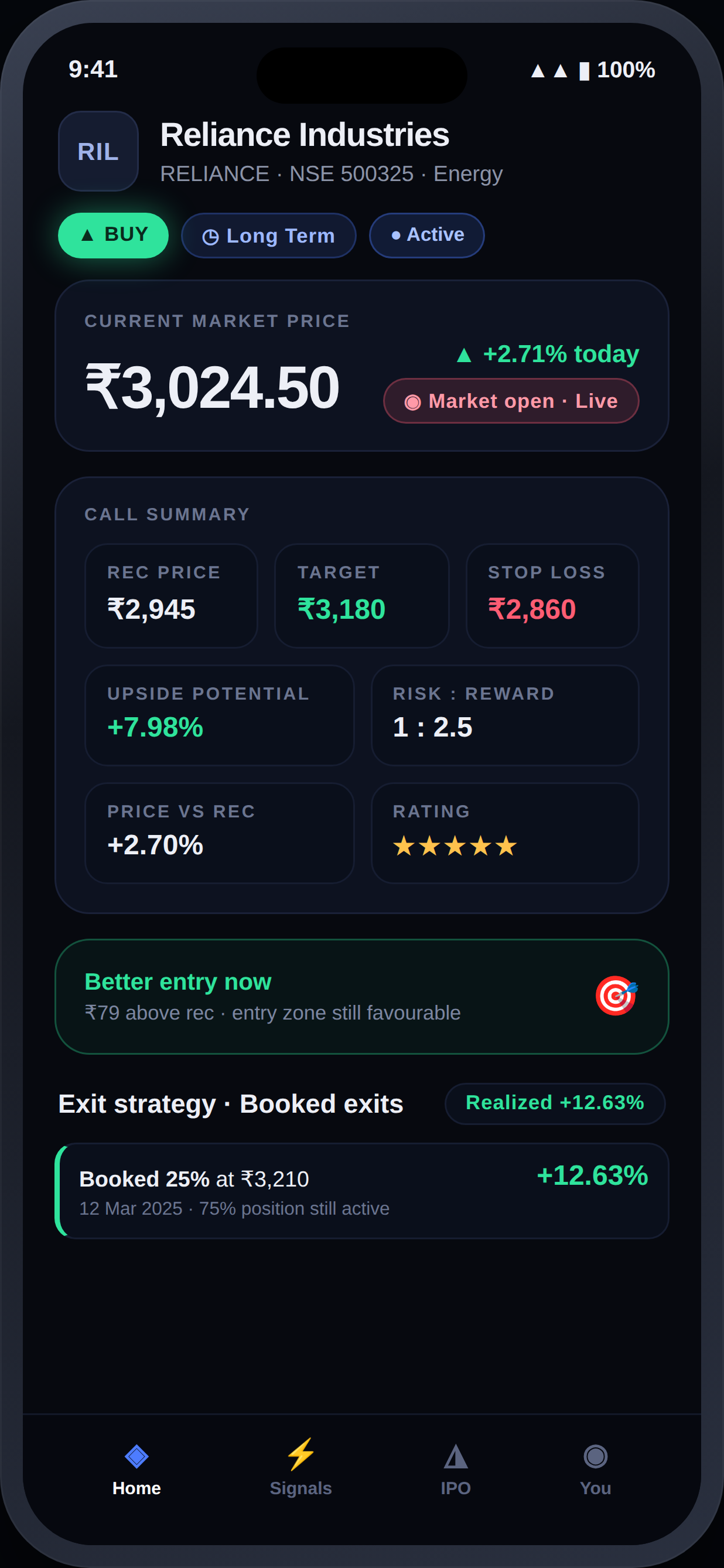 Krijuna app showing a live BUY stock recommendation with entry, target and stop-loss